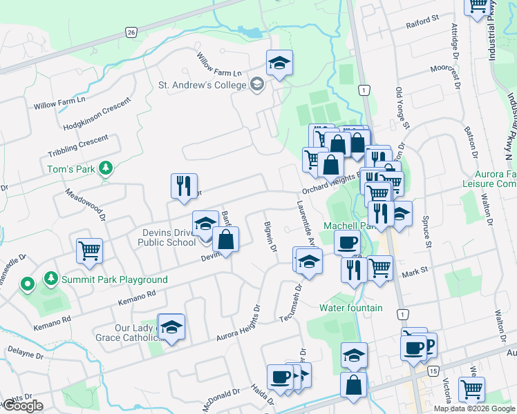 map of restaurants, bars, coffee shops, grocery stores, and more near 24 Devins Drive in Aurora