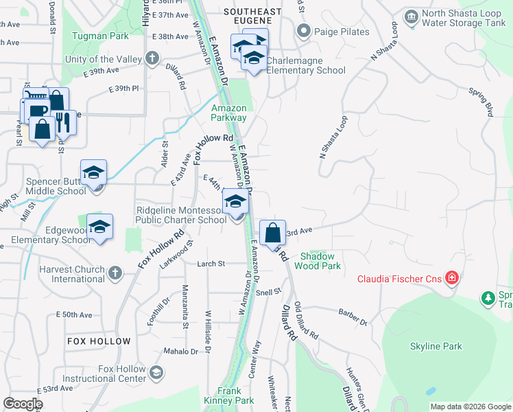 map of restaurants, bars, coffee shops, grocery stores, and more near 4265 East Amazon Drive in Eugene