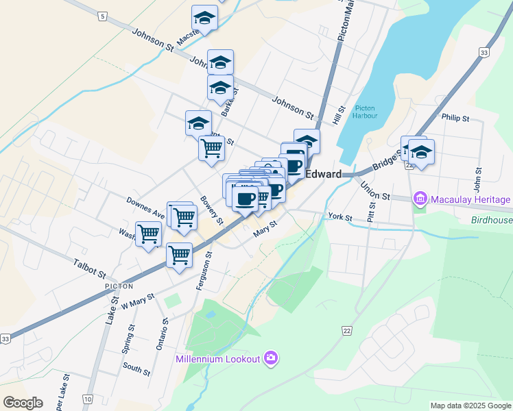 map of restaurants, bars, coffee shops, grocery stores, and more near in Prince Edward