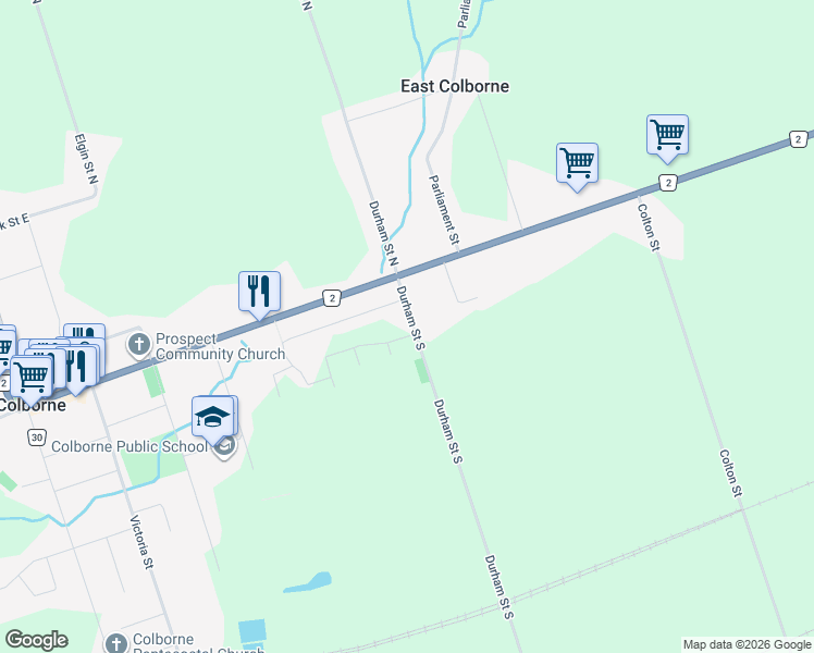map of restaurants, bars, coffee shops, grocery stores, and more near 245 Durham Street South in Colborne