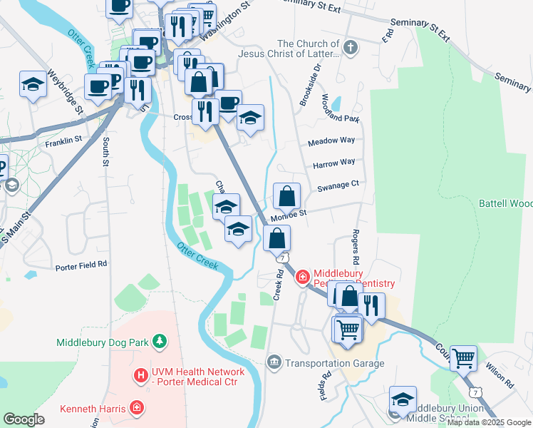 map of restaurants, bars, coffee shops, grocery stores, and more near 82 Court Street in Middlebury