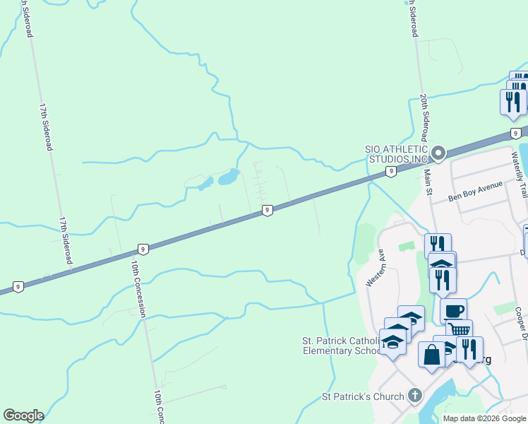 map of restaurants, bars, coffee shops, grocery stores, and more near 2 Burnell Street in Schomberg