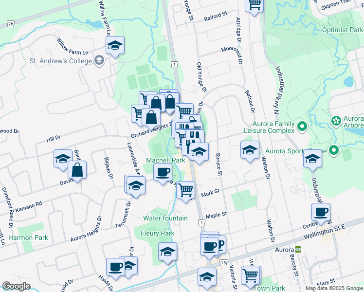 map of restaurants, bars, coffee shops, grocery stores, and more near 15570 Yonge Street in Aurora