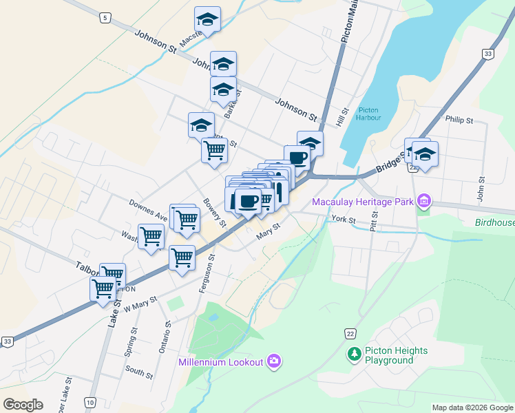 map of restaurants, bars, coffee shops, grocery stores, and more near in Prince Edward