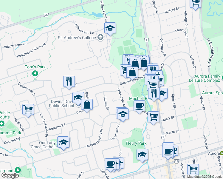 map of restaurants, bars, coffee shops, grocery stores, and more near 8 Devins Drive in Aurora