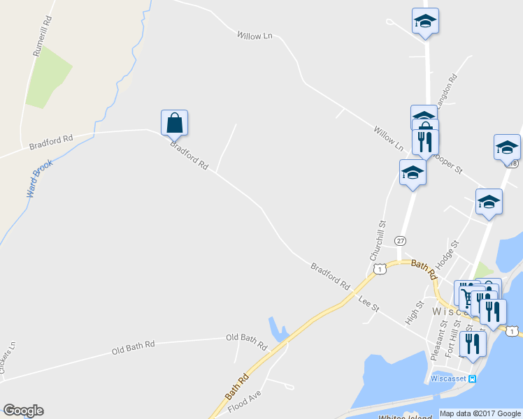 map of restaurants, bars, coffee shops, grocery stores, and more near 83 Bradford Road in Wiscasset
