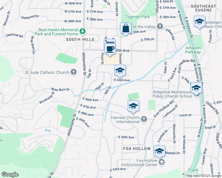 map of restaurants, bars, coffee shops, grocery stores, and more near 4490 Donald Street in Eugene