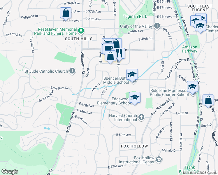 map of restaurants, bars, coffee shops, grocery stores, and more near 4490 Donald Street in Eugene