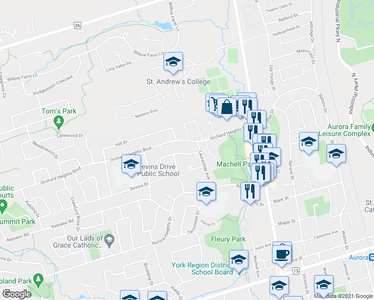 map of restaurants, bars, coffee shops, grocery stores, and more near 13 Devins Drive in Aurora