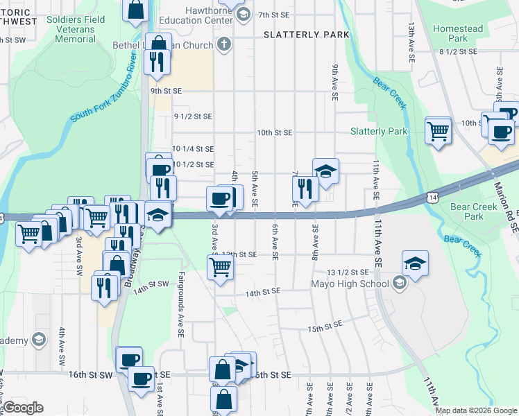 map of restaurants, bars, coffee shops, grocery stores, and more near 511 12th Street Southeast in Rochester