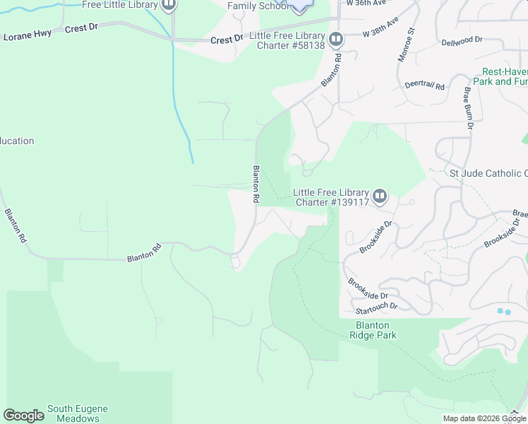map of restaurants, bars, coffee shops, grocery stores, and more near 55 Ridgewood Drive in Eugene