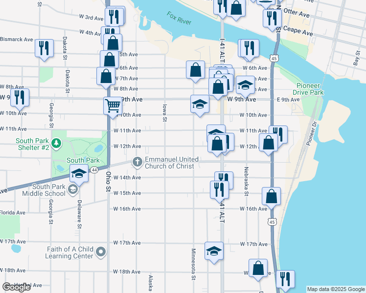 map of restaurants, bars, coffee shops, grocery stores, and more near 337 West 12th Avenue in Oshkosh