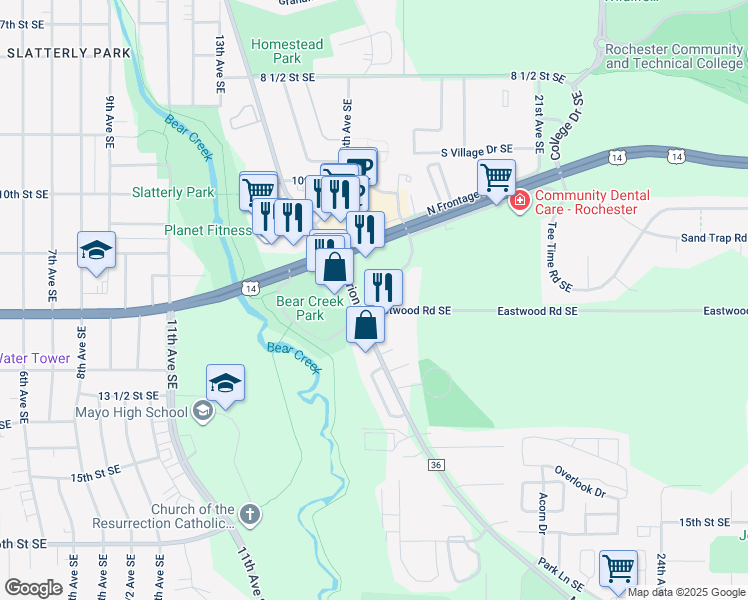 map of restaurants, bars, coffee shops, grocery stores, and more near 1225 Marion Road Southeast in Rochester