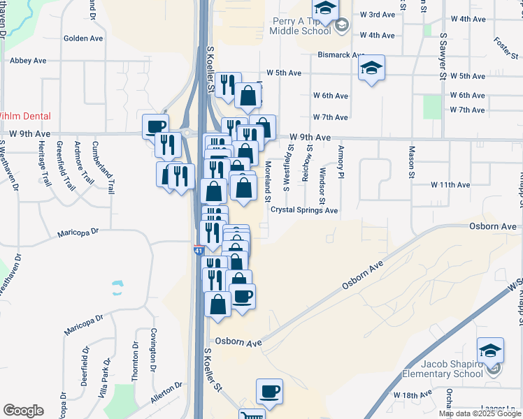 map of restaurants, bars, coffee shops, grocery stores, and more near 1310 Moreland Street in Oshkosh