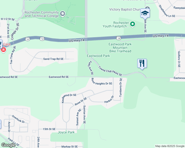 map of restaurants, bars, coffee shops, grocery stores, and more near 3048 Eastwood Road Southeast in Rochester