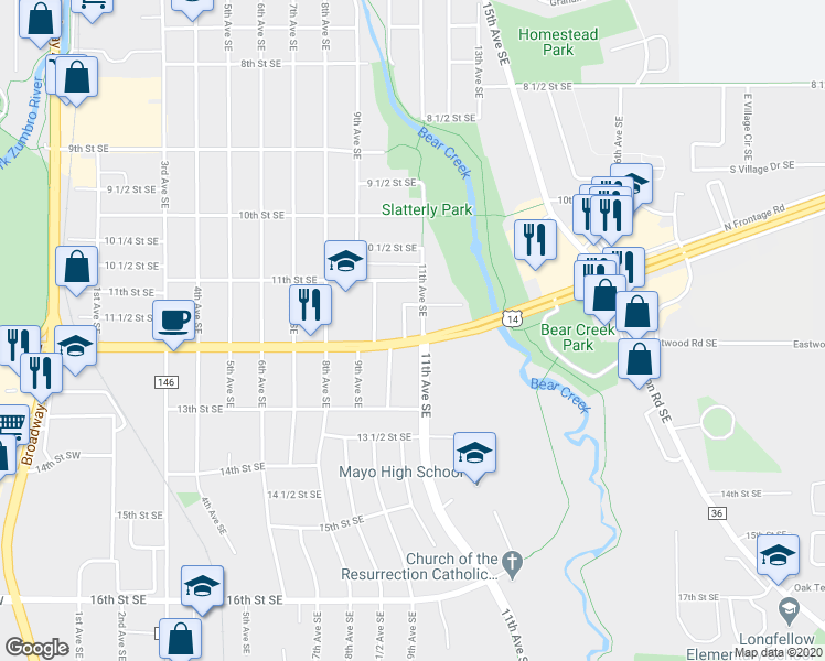 map of restaurants, bars, coffee shops, grocery stores, and more near 1008 12th Street Southeast in Rochester