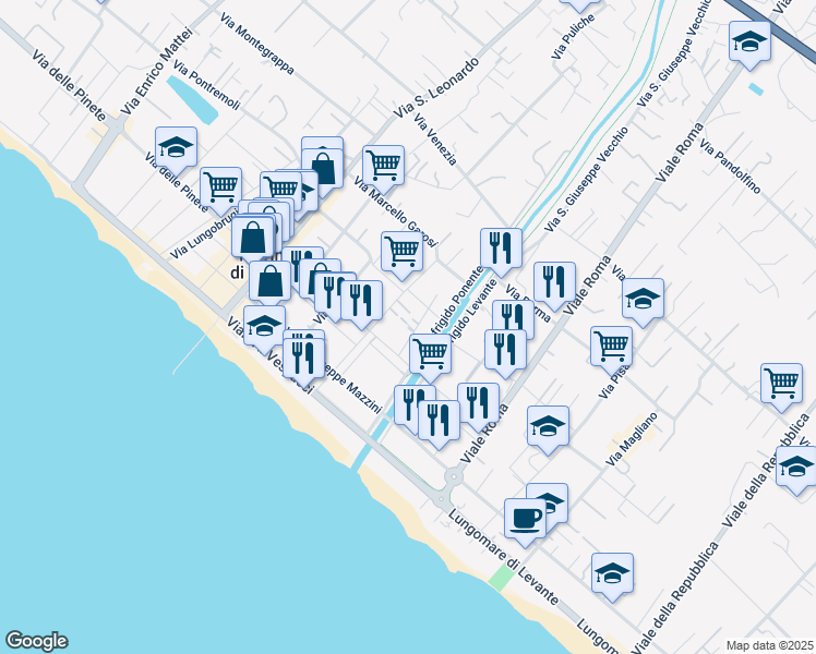 map of restaurants, bars, coffee shops, grocery stores, and more near 6 Lungofrigido Ponente in Marina di Massa