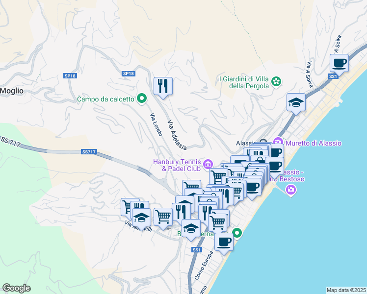 map of restaurants, bars, coffee shops, grocery stores, and more near 44 Via Adelasia in Alassio