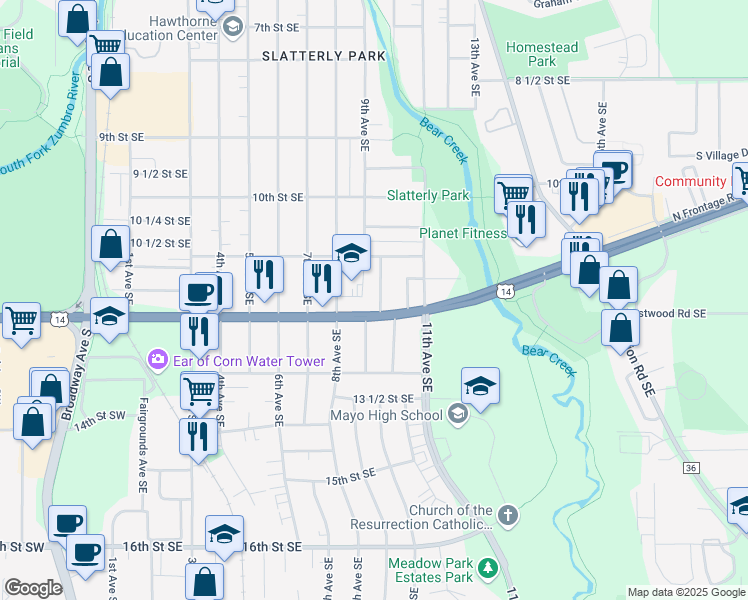 map of restaurants, bars, coffee shops, grocery stores, and more near 1141 9 1/2 Avenue Southeast in Rochester