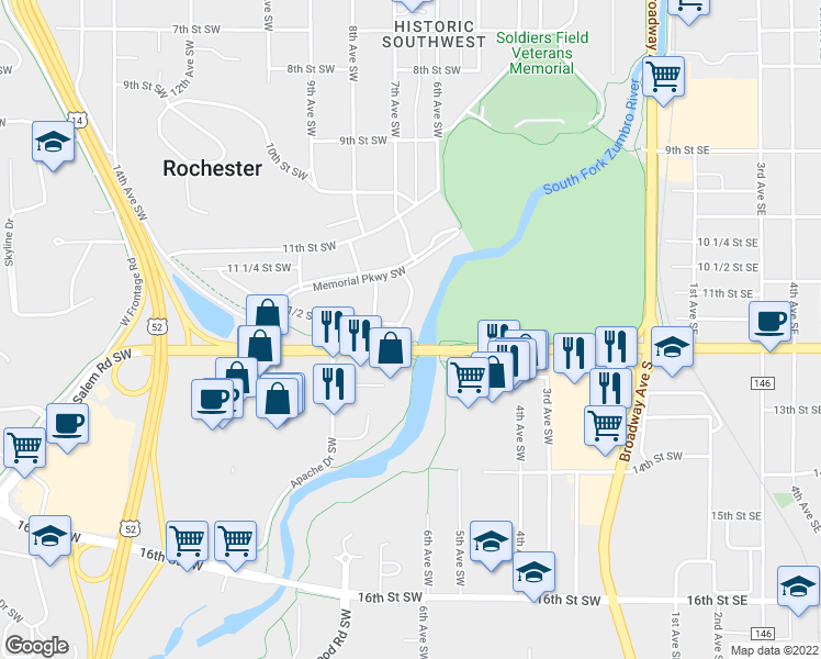 map of restaurants, bars, coffee shops, grocery stores, and more near 1130 7th Avenue Southwest in Rochester