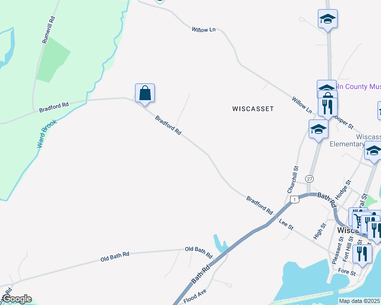 map of restaurants, bars, coffee shops, grocery stores, and more near 83 Bradford Road in Wiscasset