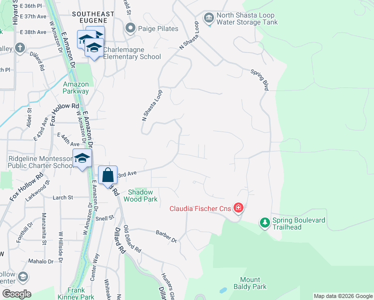 map of restaurants, bars, coffee shops, grocery stores, and more near 1755 East 43rd Avenue in Eugene