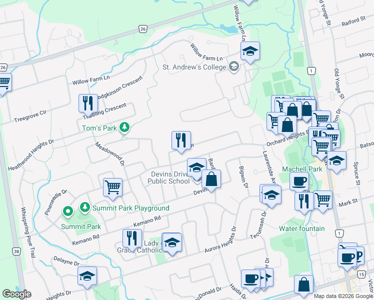 map of restaurants, bars, coffee shops, grocery stores, and more near in Aurora