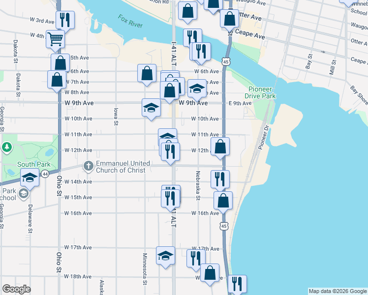 map of restaurants, bars, coffee shops, grocery stores, and more near 1212 Oregon Street in Oshkosh