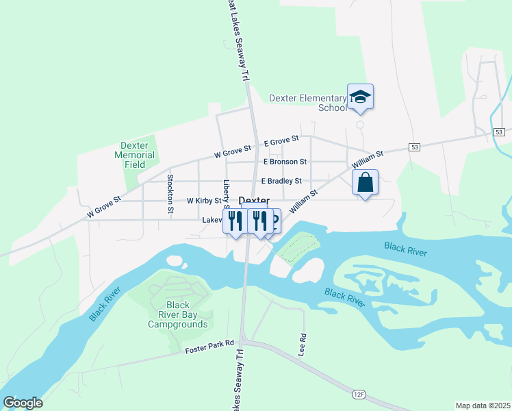 map of restaurants, bars, coffee shops, grocery stores, and more near 104 West Kirby Street in Dexter