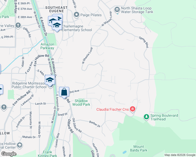 map of restaurants, bars, coffee shops, grocery stores, and more near 1660 Leatherwood Drive in Eugene