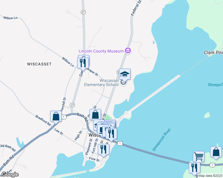 map of restaurants, bars, coffee shops, grocery stores, and more near 7 Danforth Street in Wiscasset