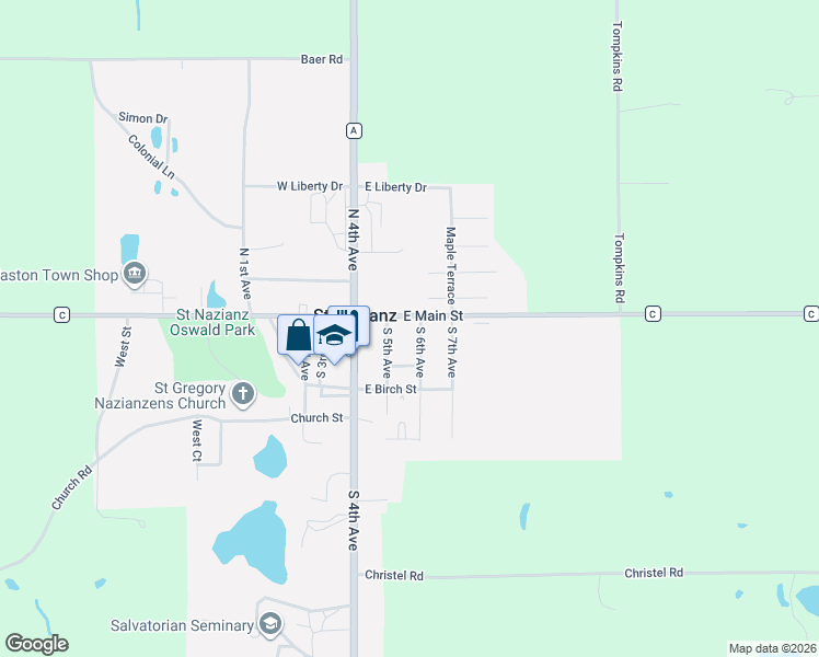 map of restaurants, bars, coffee shops, grocery stores, and more near 107 South 6th Street in Saint Nazianz