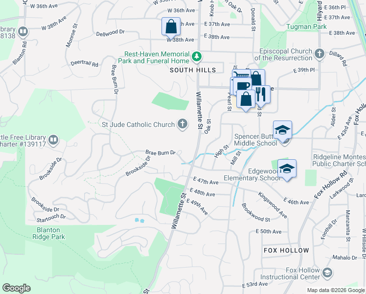 map of restaurants, bars, coffee shops, grocery stores, and more near 50 Brae Burn Drive in Eugene