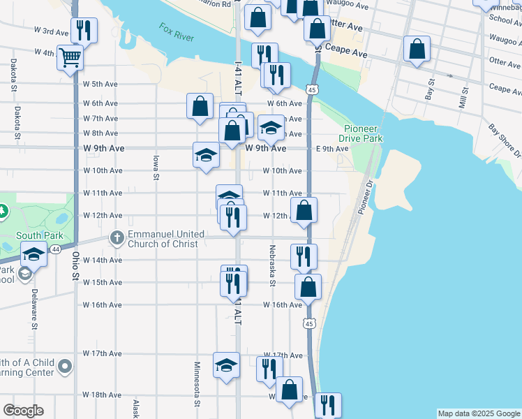 map of restaurants, bars, coffee shops, grocery stores, and more near 1213 Nebraska Street in Oshkosh