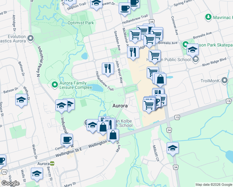 map of restaurants, bars, coffee shops, grocery stores, and more near 180 John West Way in Aurora