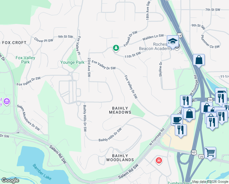 map of restaurants, bars, coffee shops, grocery stores, and more near 2014 Baihly Summit Drive Southwest in Rochester