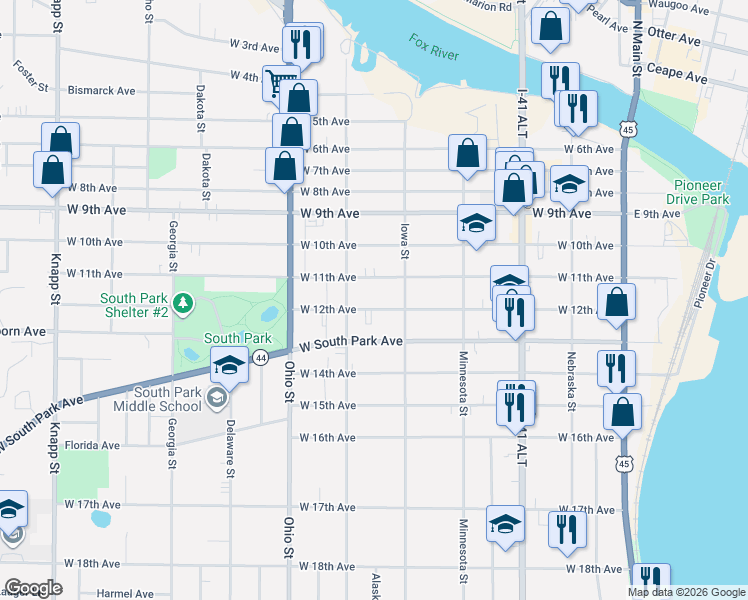 map of restaurants, bars, coffee shops, grocery stores, and more near 447 West 12th Avenue in Oshkosh