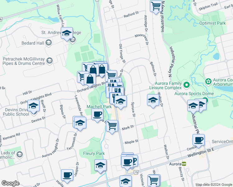 map of restaurants, bars, coffee shops, grocery stores, and more near 15565 Yonge Street in Aurora