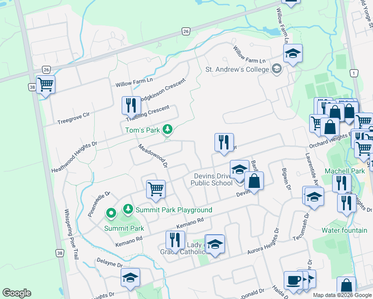 map of restaurants, bars, coffee shops, grocery stores, and more near 27 Dawson Crescent in Aurora