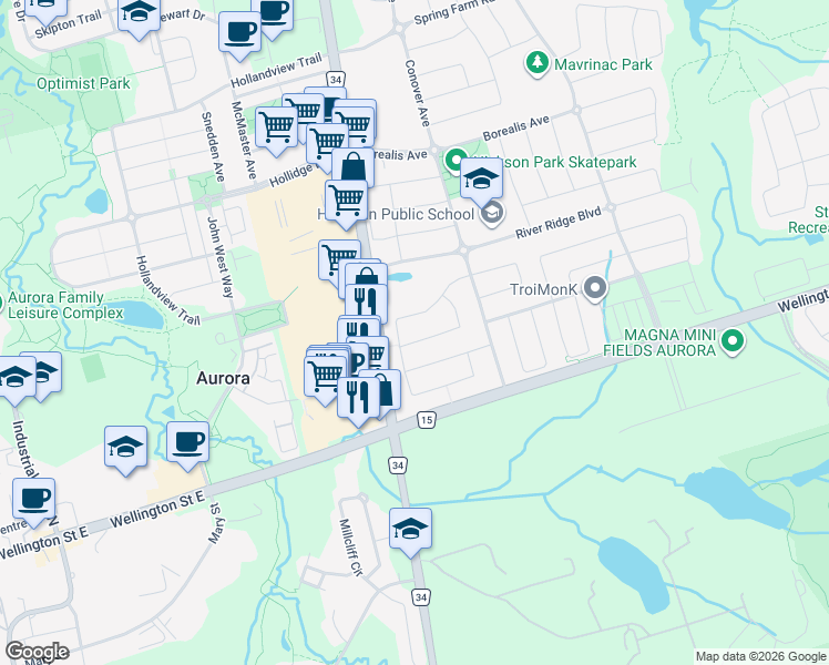 map of restaurants, bars, coffee shops, grocery stores, and more near 14 Barr Crescent in Aurora