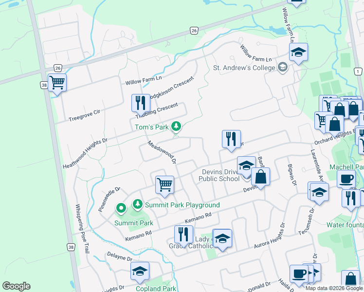 map of restaurants, bars, coffee shops, grocery stores, and more near 12 Dawson Crescent in Aurora