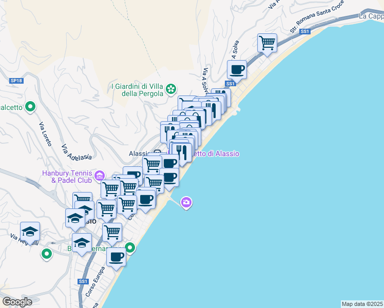 map of restaurants, bars, coffee shops, grocery stores, and more near 33 Piazza dei Partigani in Alassio
