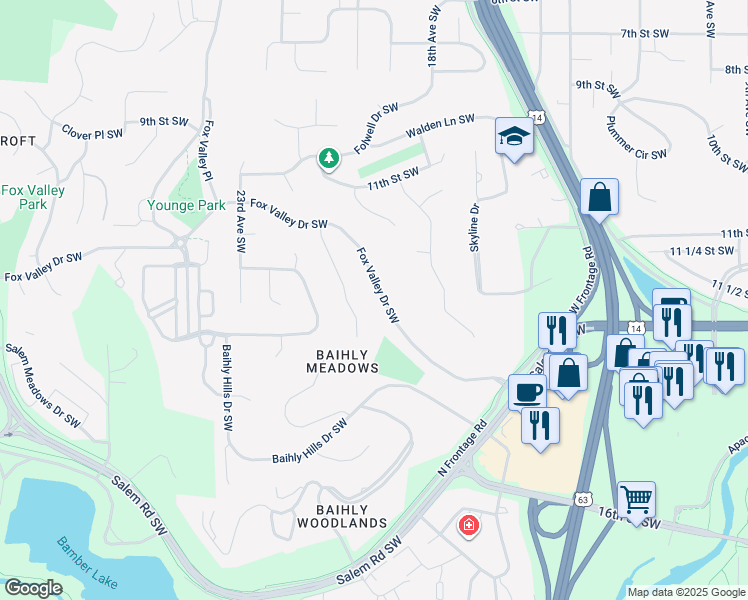 map of restaurants, bars, coffee shops, grocery stores, and more near 2014 Fox Valley Drive Southwest in Rochester