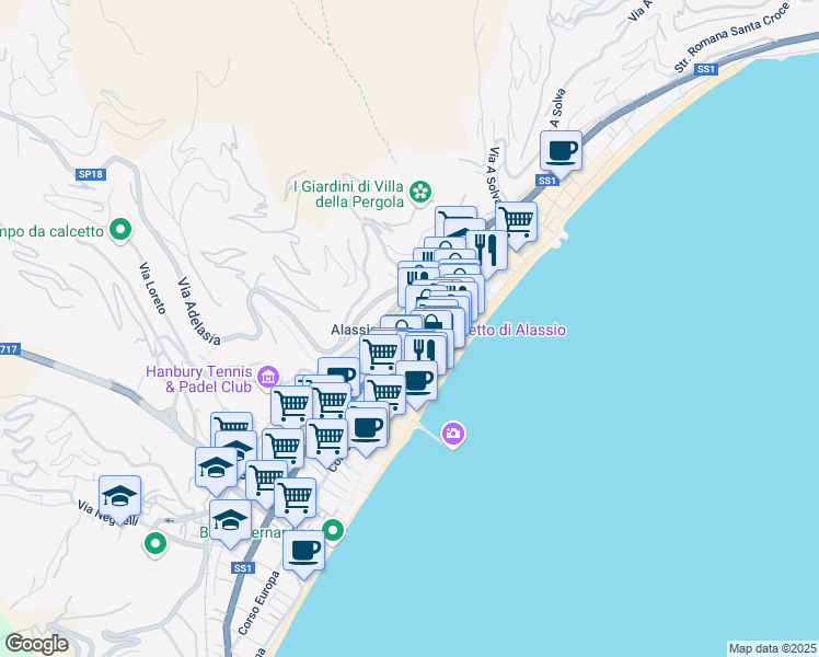 map of restaurants, bars, coffee shops, grocery stores, and more near 55 Via Giuseppe Mazzini in Alassio