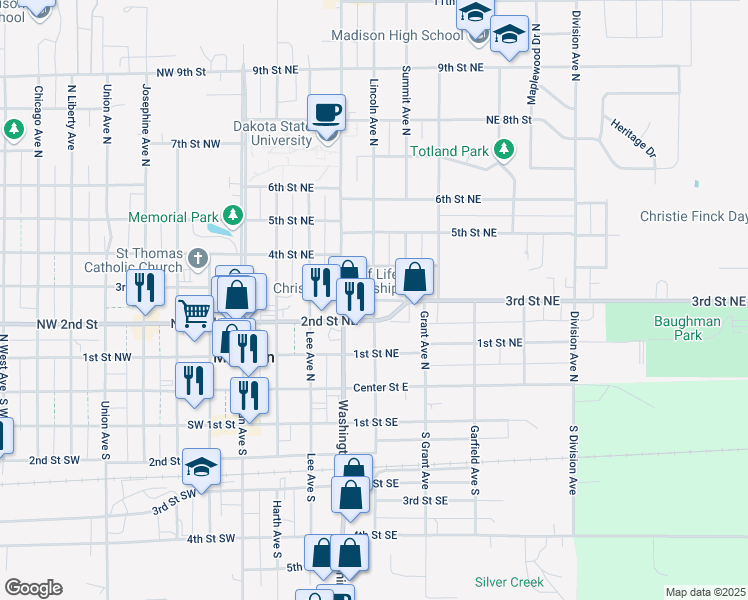 map of restaurants, bars, coffee shops, grocery stores, and more near 401 Lincoln Avenue North in Madison