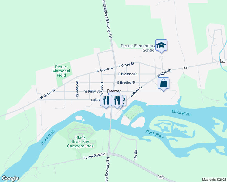 map of restaurants, bars, coffee shops, grocery stores, and more near 104 West Kirby Street in Dexter