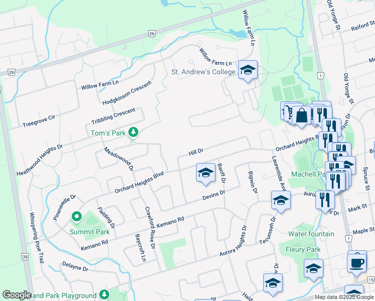map of restaurants, bars, coffee shops, grocery stores, and more near 54 Hill Drive in Aurora