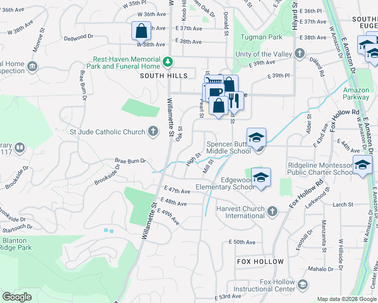 map of restaurants, bars, coffee shops, grocery stores, and more near 4255 Oak Street in Eugene