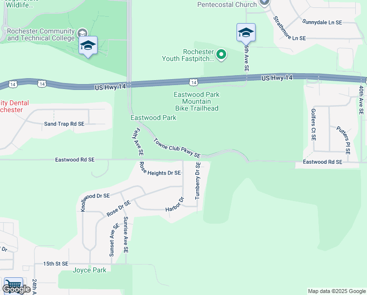 map of restaurants, bars, coffee shops, grocery stores, and more near Towne Club Parkway Southeast in Rochester