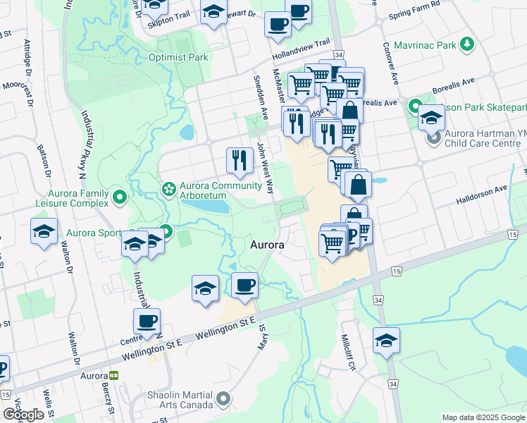 map of restaurants, bars, coffee shops, grocery stores, and more near 180 John West Way in Aurora